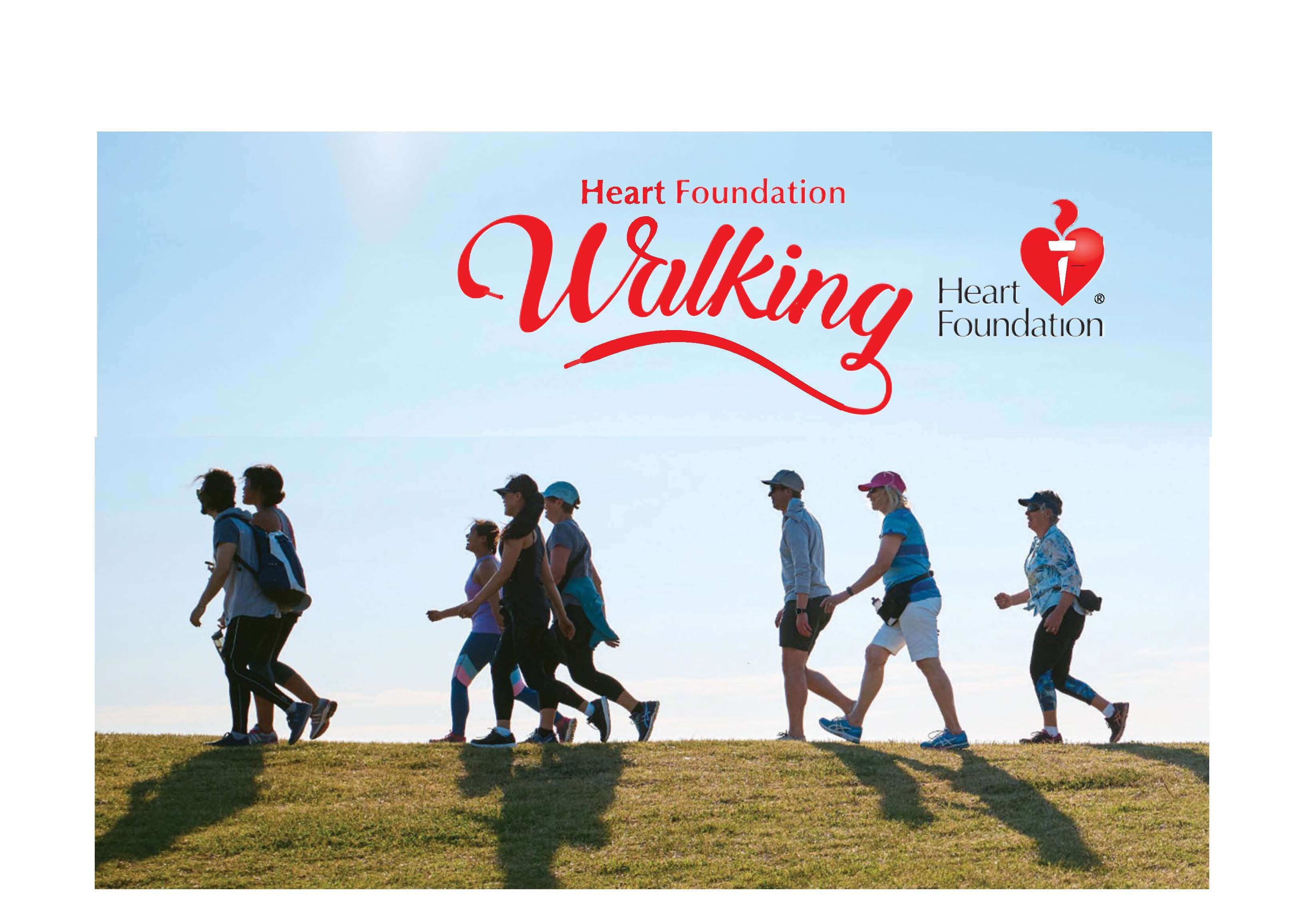 poster advertising walking group, showing people walking on a clear day, and Heart Foundation logo