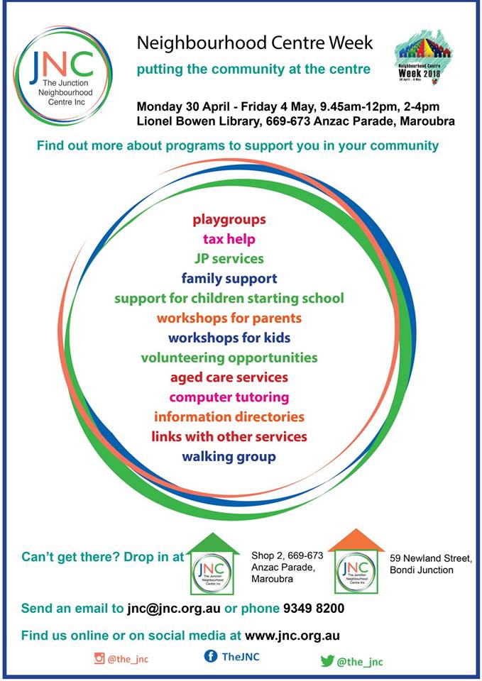 JNC poster for Neighbourhood Centre Week advertising services and dates and times for information stall at Lionel Bowen Library