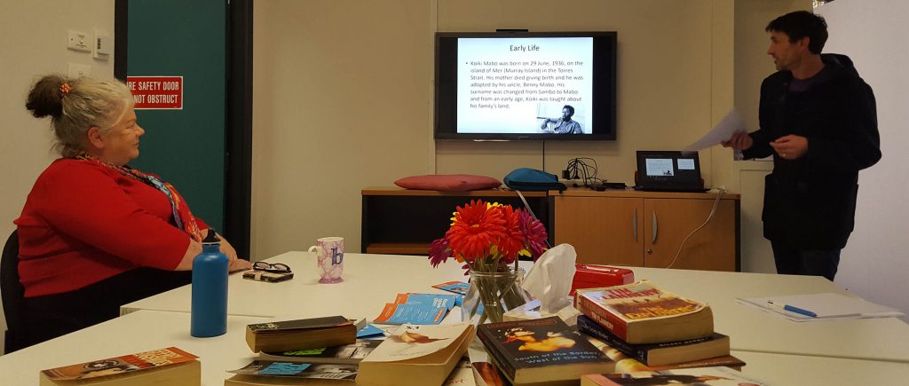 The JNC's Mabo Day presentation, with books for the Great Book Swap in the foreground