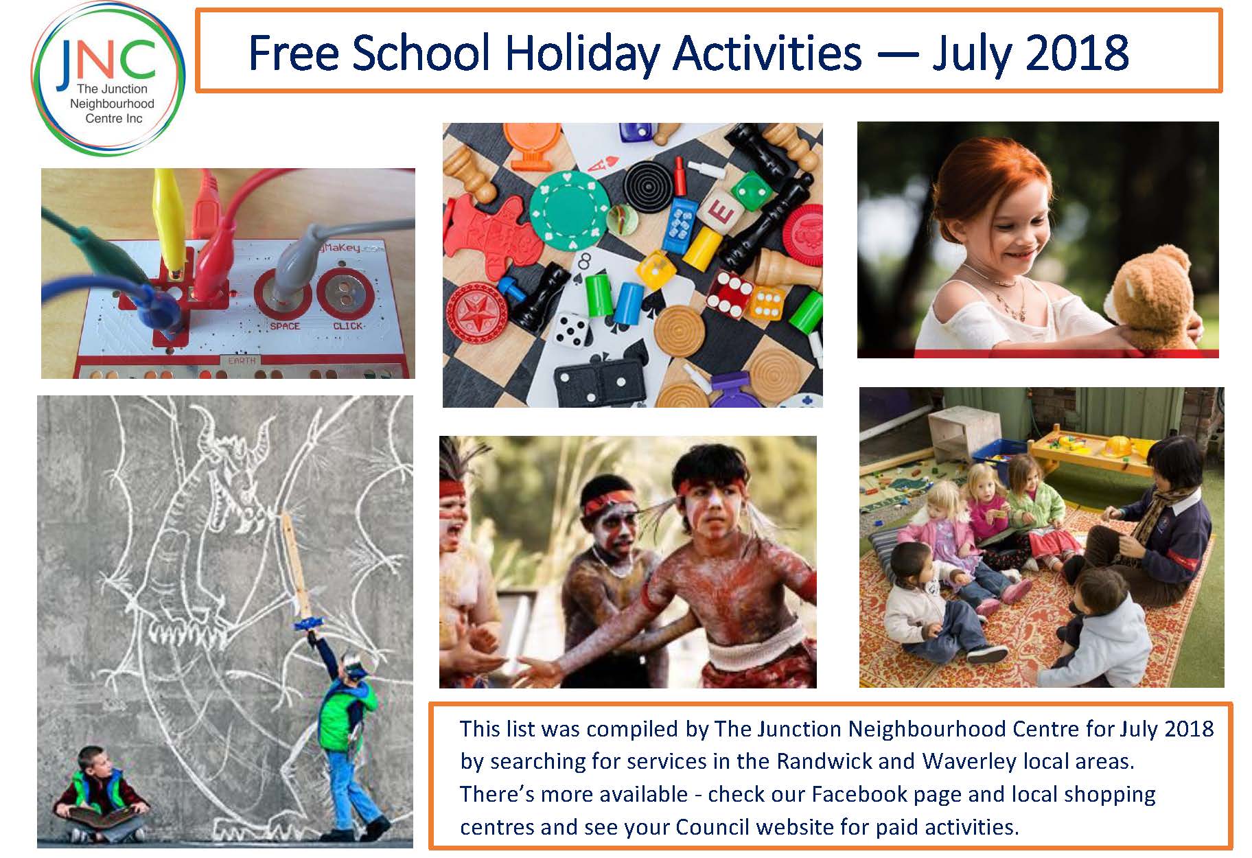 poster showing pictures of some of thefree school holiday activities listed
