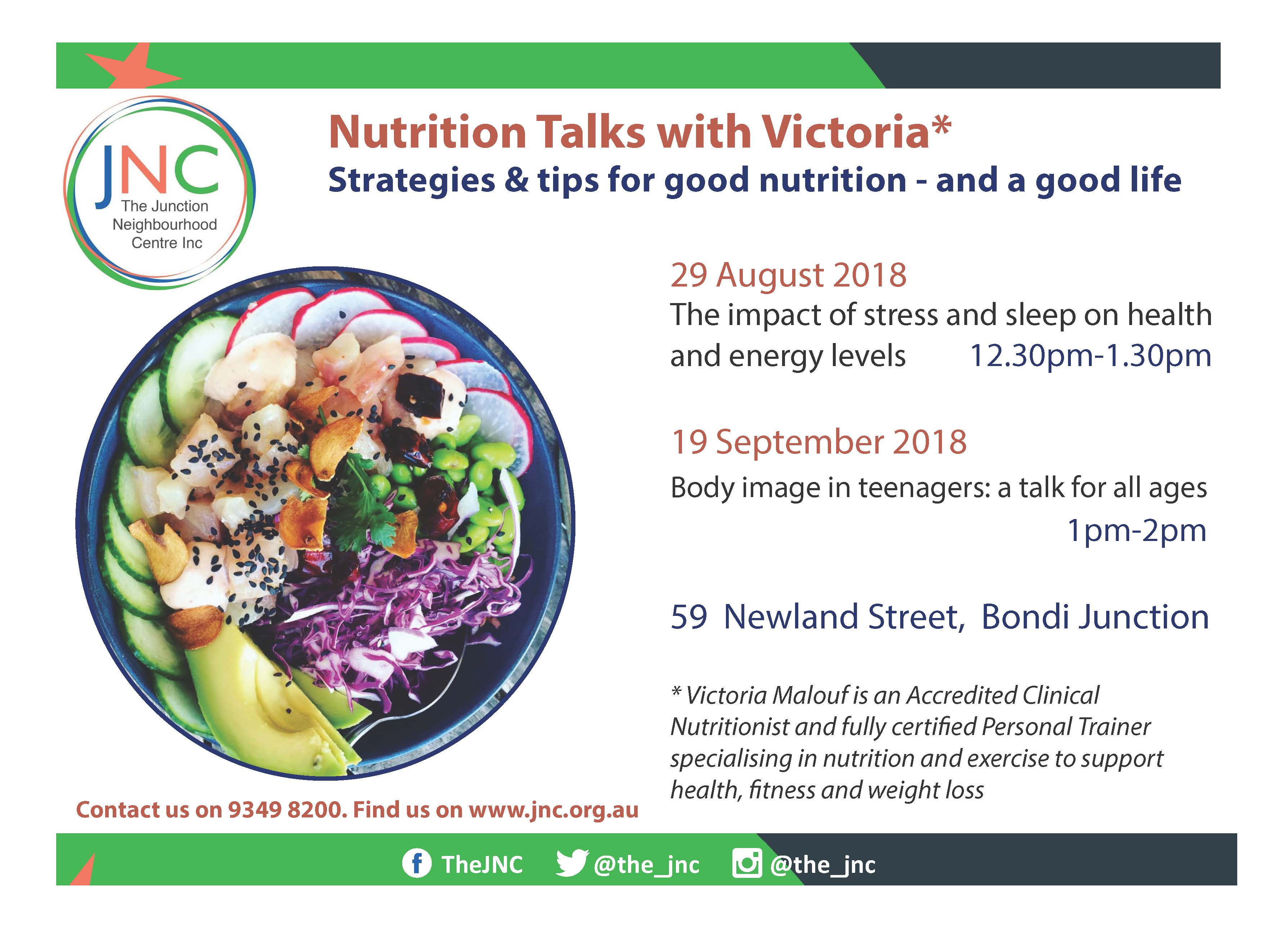 flyer for nutrition talk in August and September 2018 with image of food on a plate