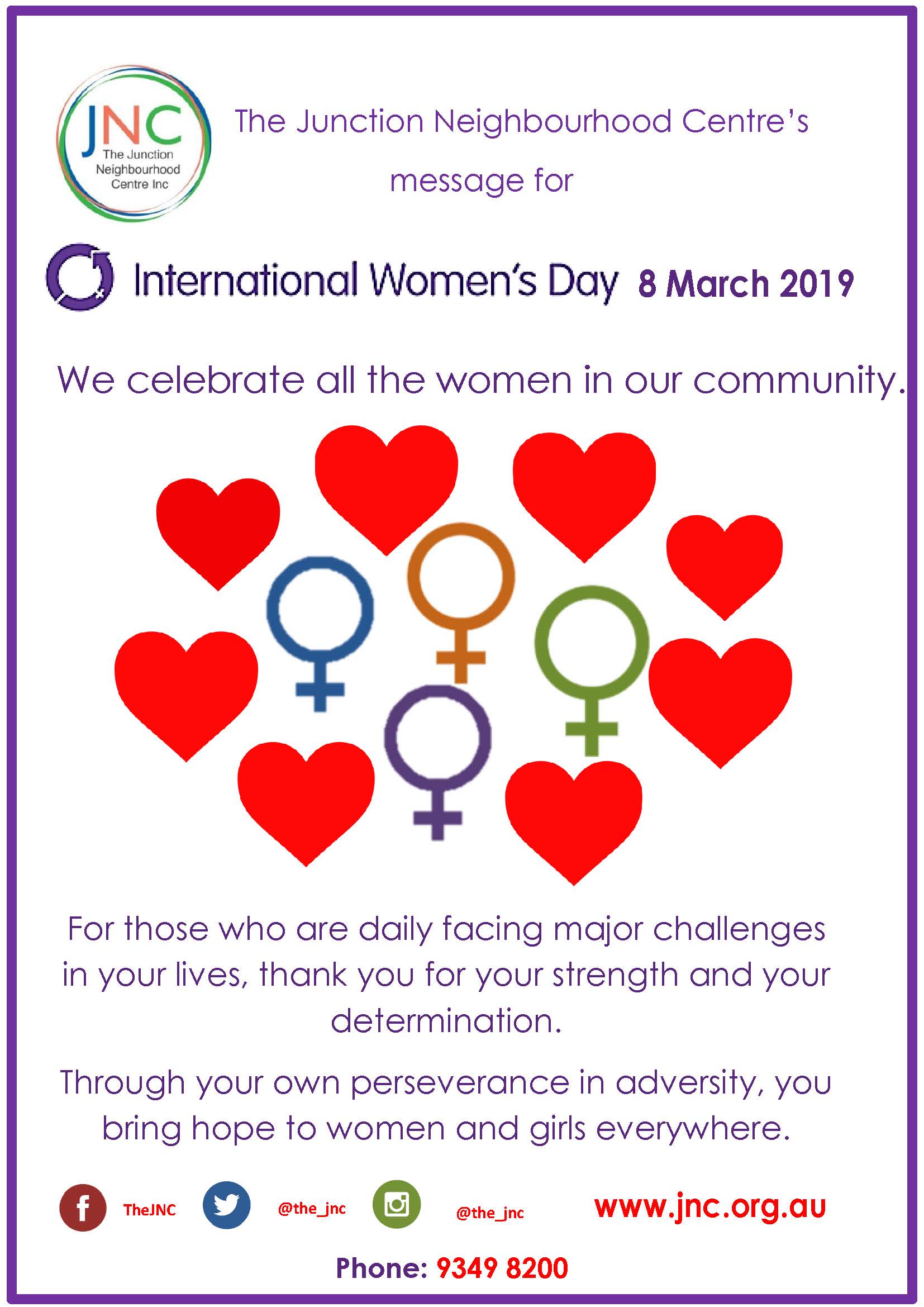 JNC International Women's Day poster offering support to women in the community