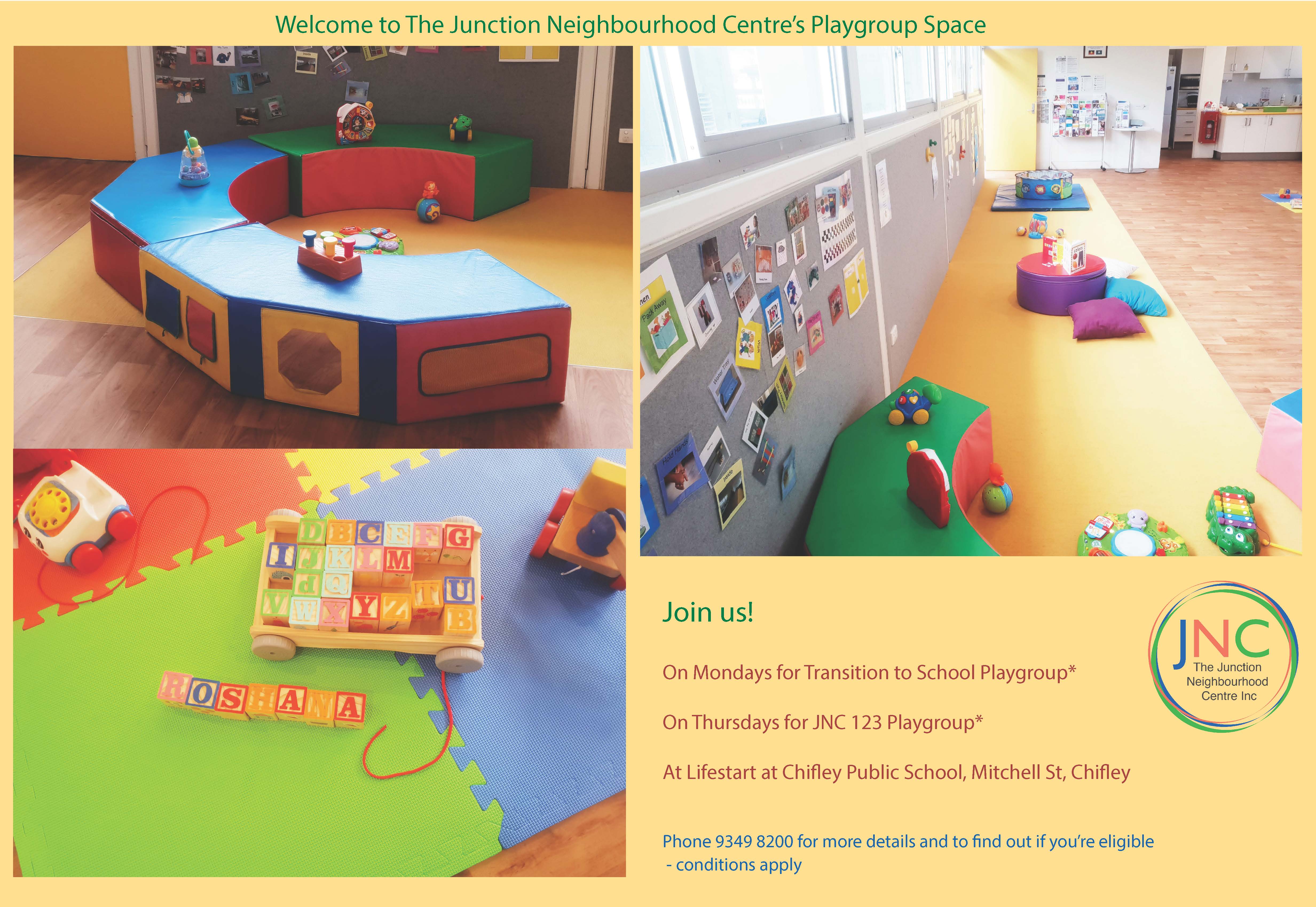 poster with three photos of JNC playgroup space