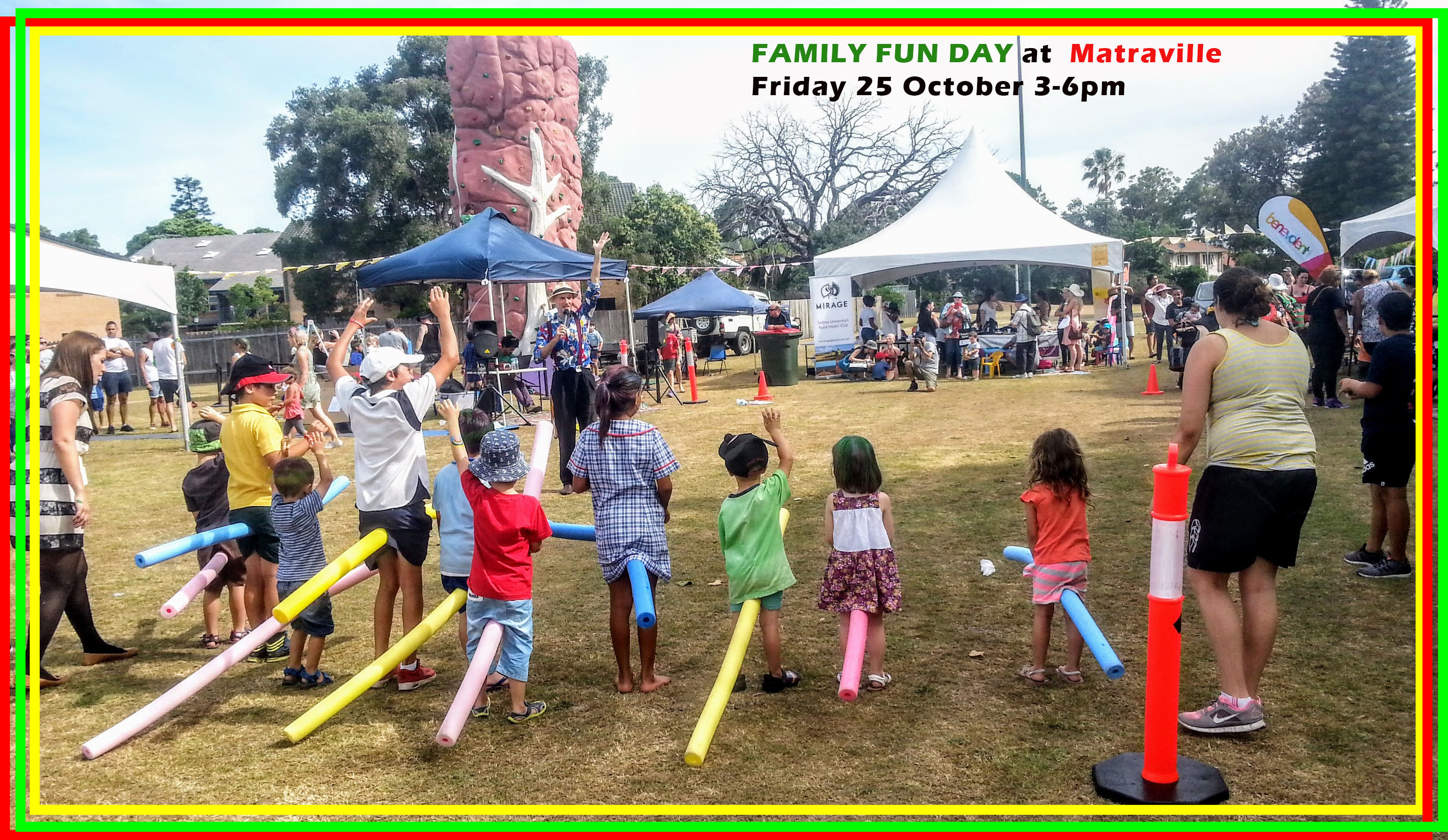 poster for family fun day at Matraville 2019 showing children setting off to race on noodles