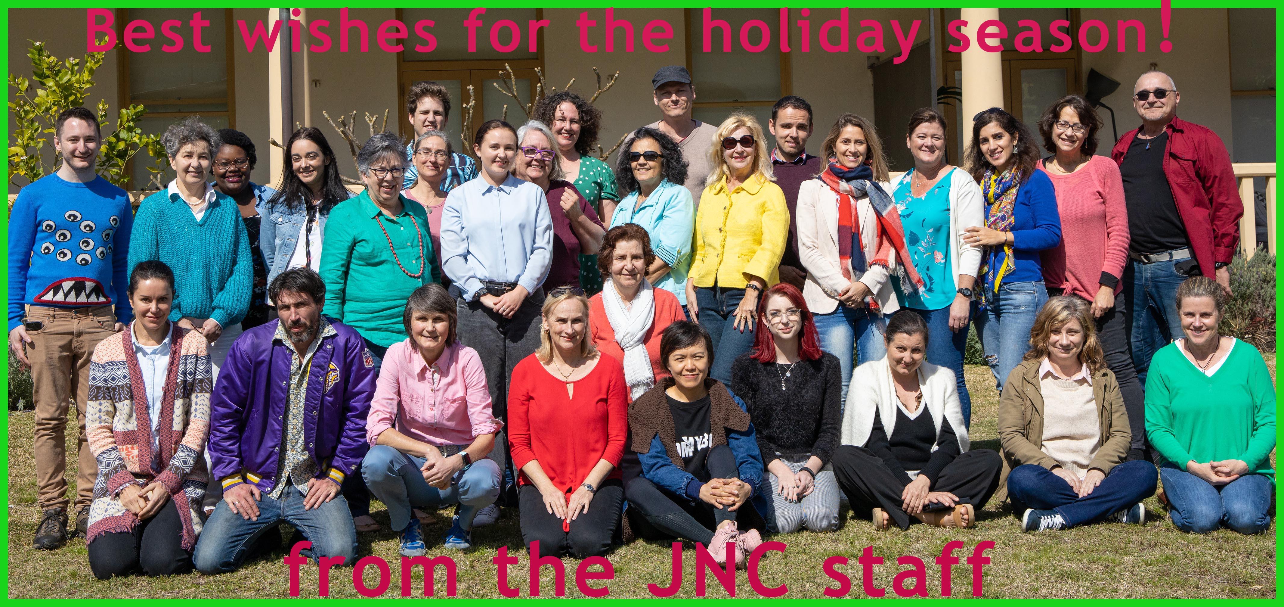 JNC staff photo offering wishes for the holiday season and looking forward to reconnecting in 2020