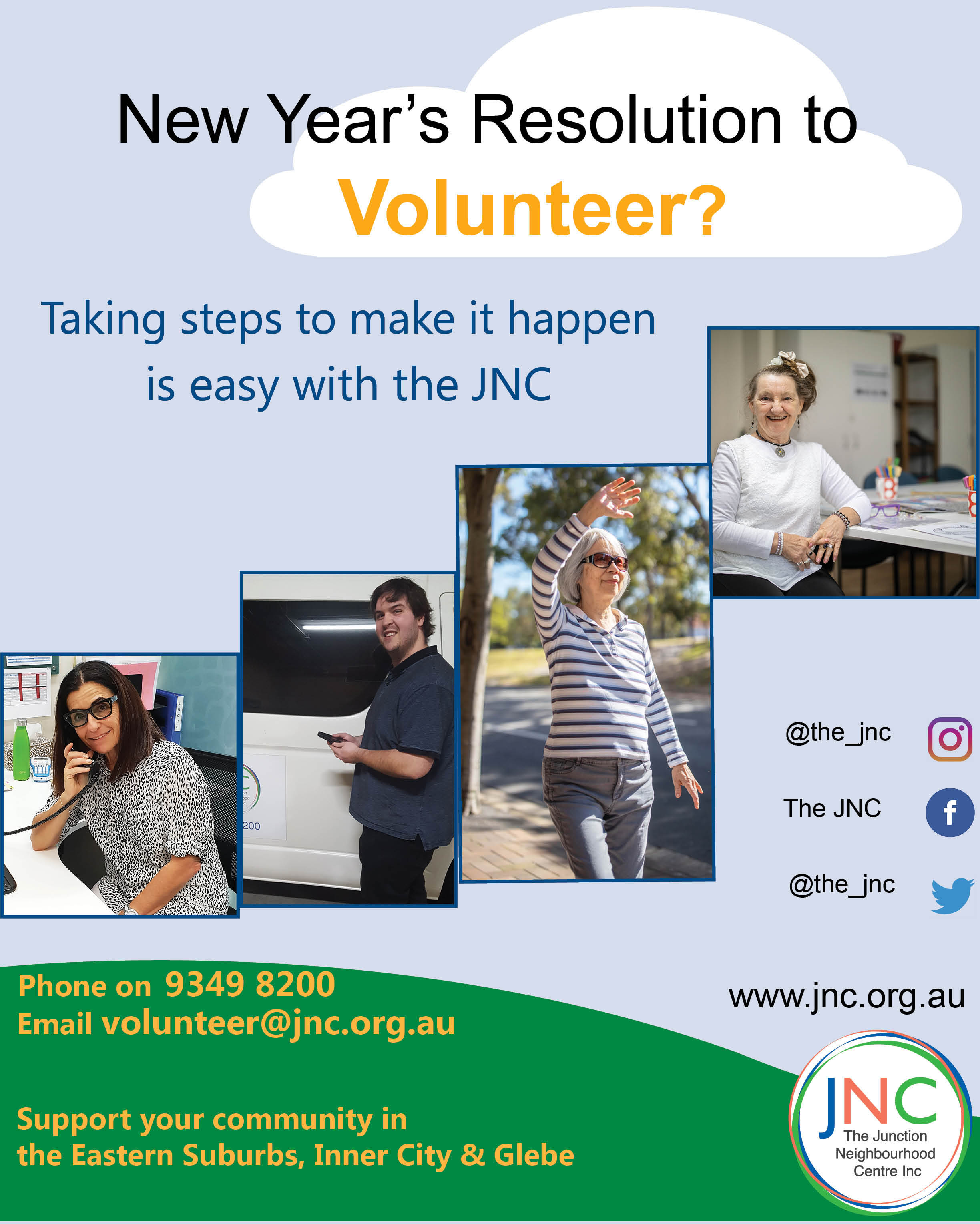 poster enoffering people the cnace to carry out their New Year's resolution to volunteer