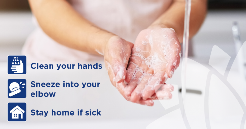 for our community's welllbeing, a photo  of a person washing hands and advice to stay home if ill