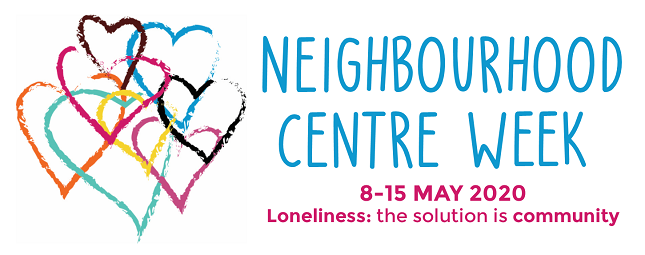 Neighbourhood Centre Week logo, with image showing connected hearts in different colours and the NCW slogan