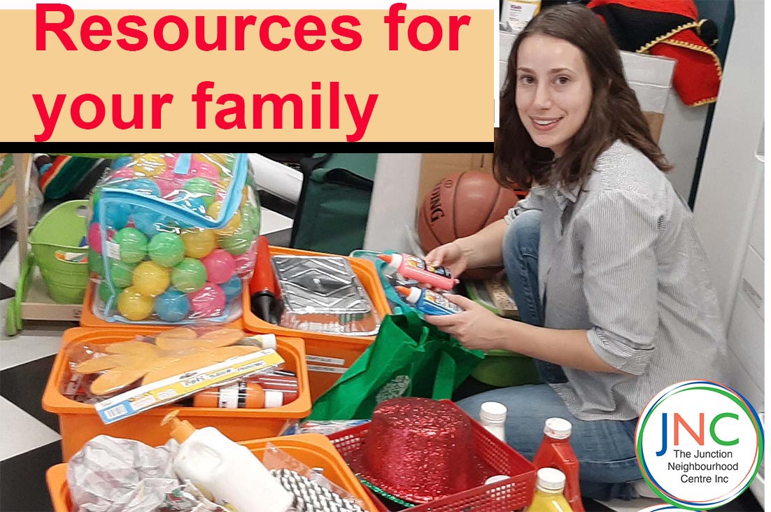 Photo of young women with equipment for children and title resources for families